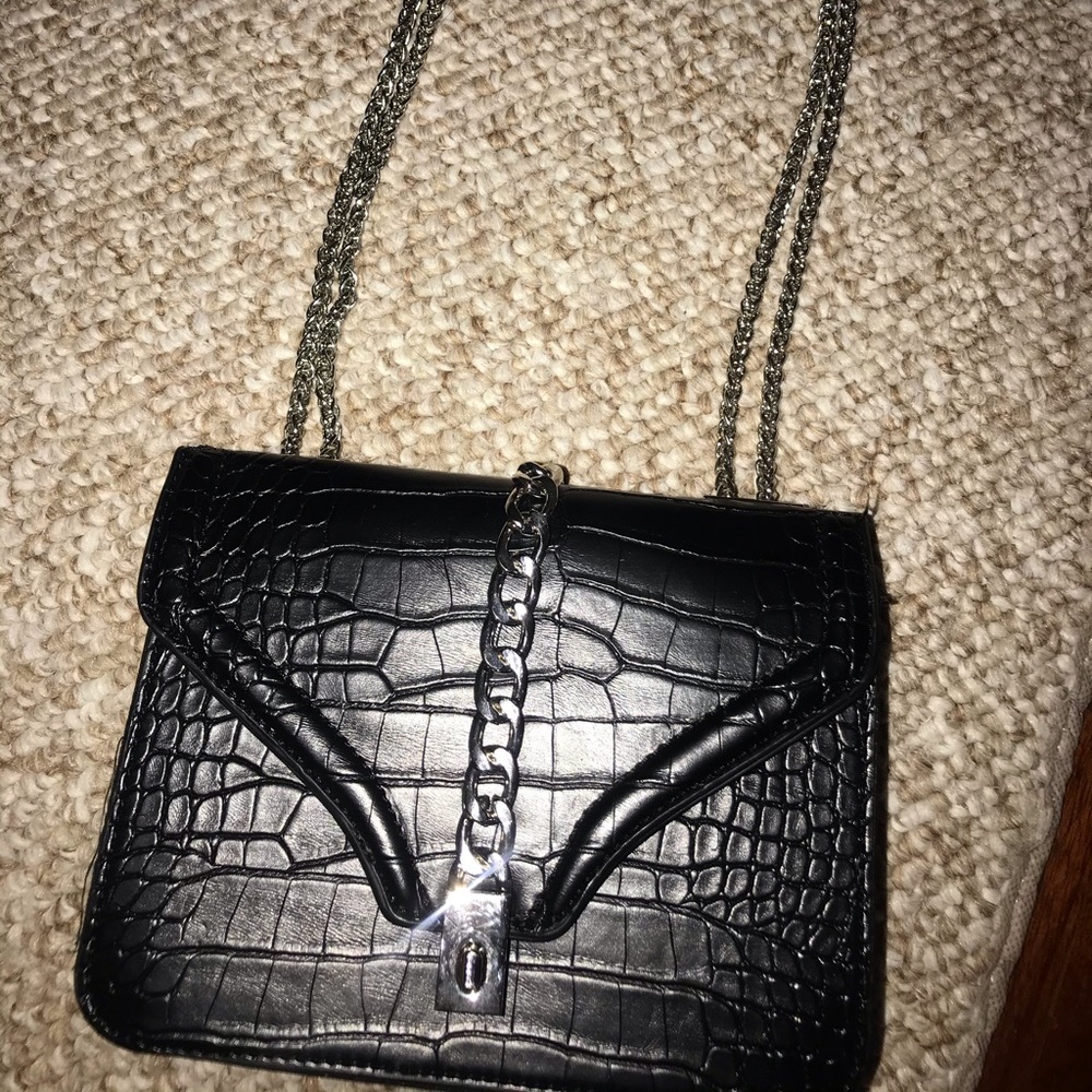 Black faux croc purse with silver detail